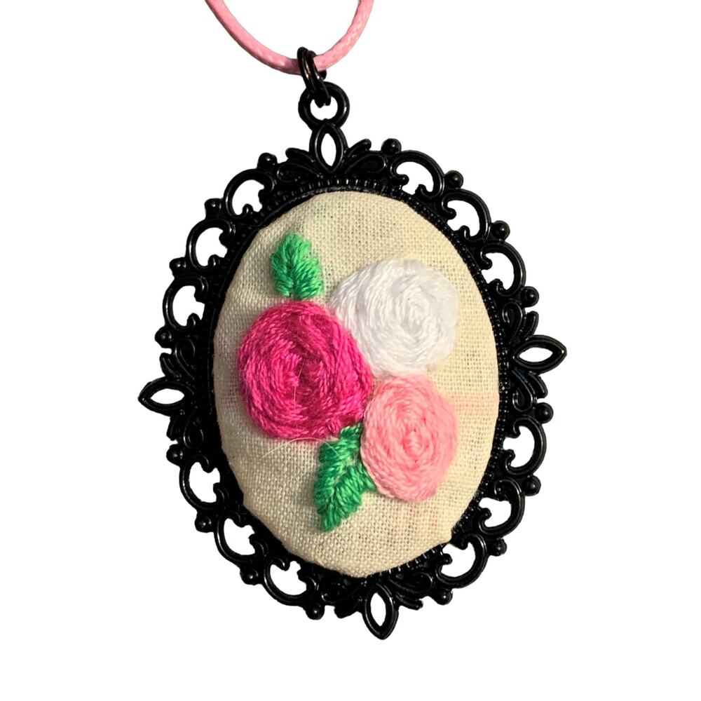 Handmade Rose Bouquet Embroidery Cameo Botanical Necklace